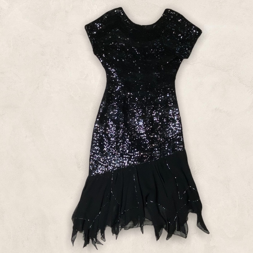 Vintage Oleg Cassini Black Silk and Sequin Dress Sz 8 - Picture 1 of 15